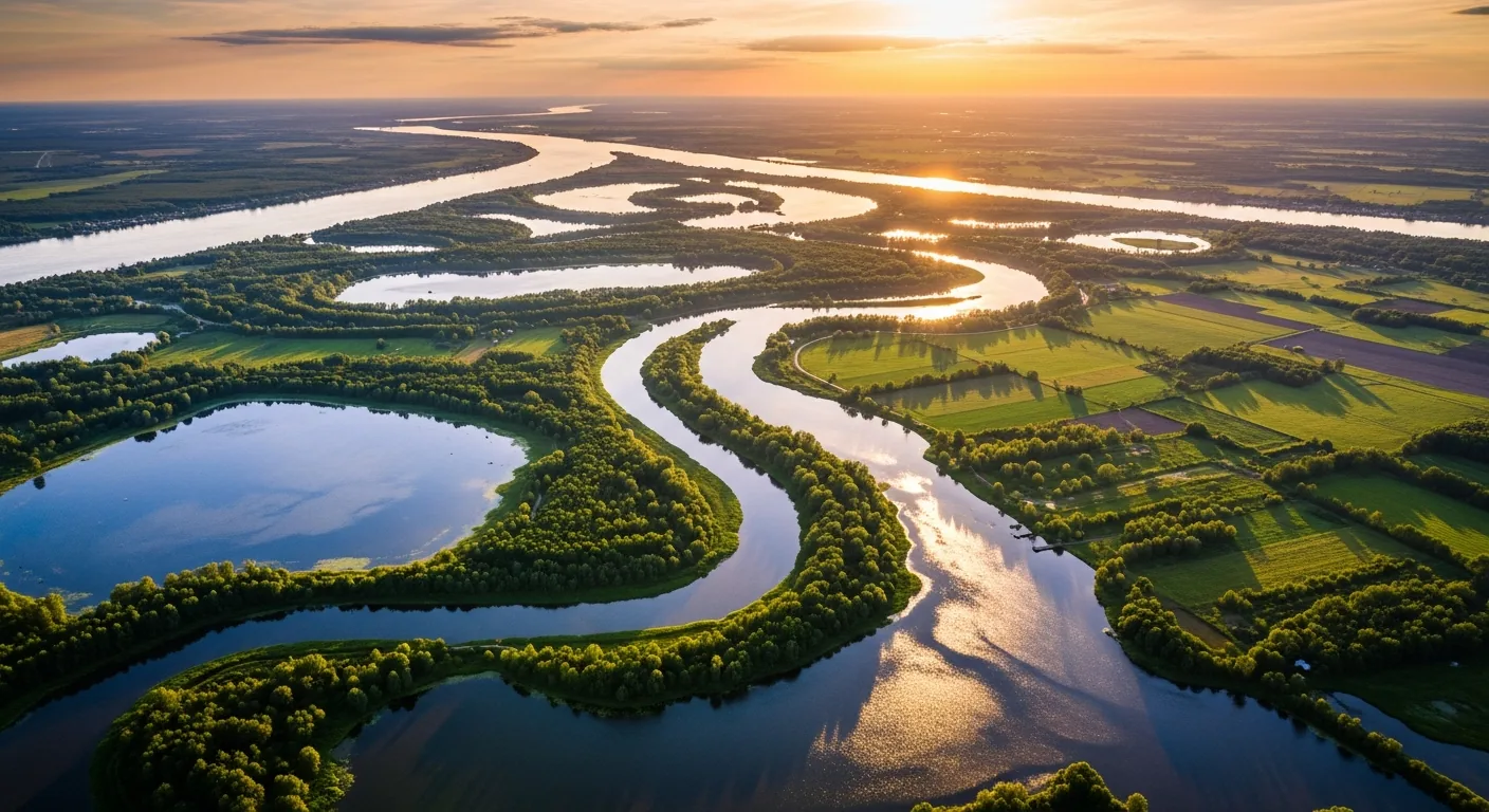 Aerial view of a winding river and wetlands at sunset.
