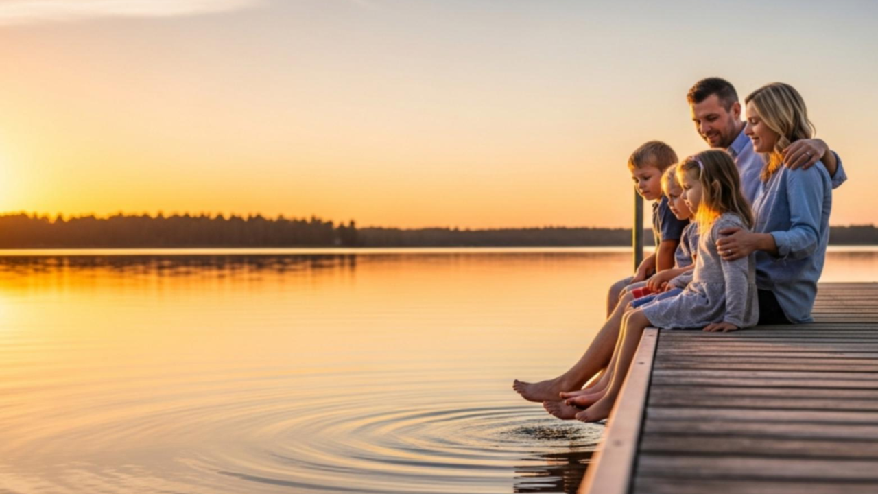 Family sitting on a dock at golden hour by a wide lake