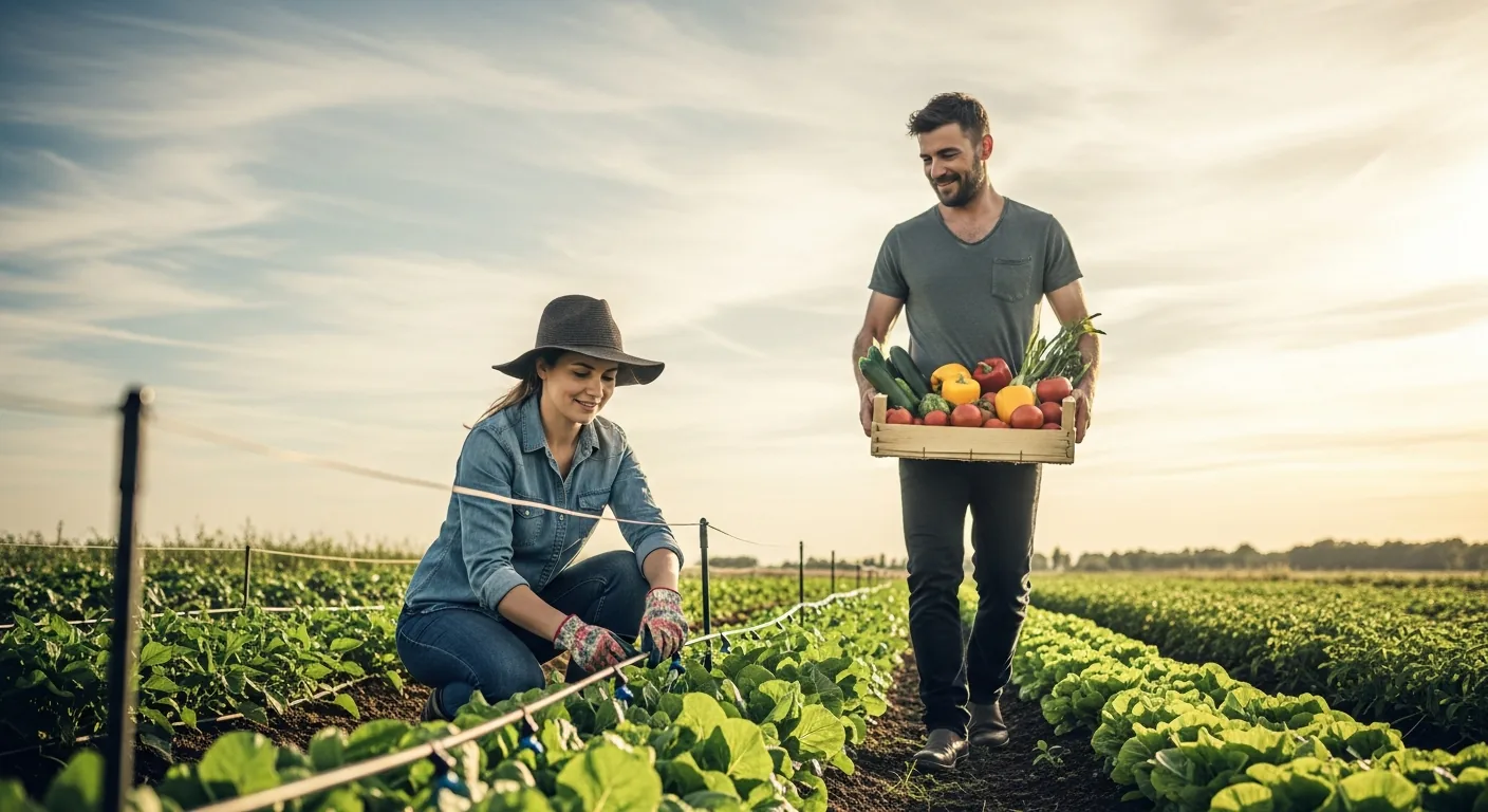 Two people gather vegetables among rows of crops.