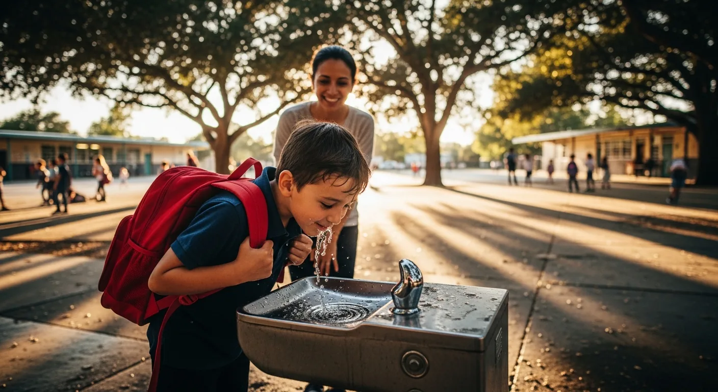 A child with a backpack drinks from an outdoor water fountain.