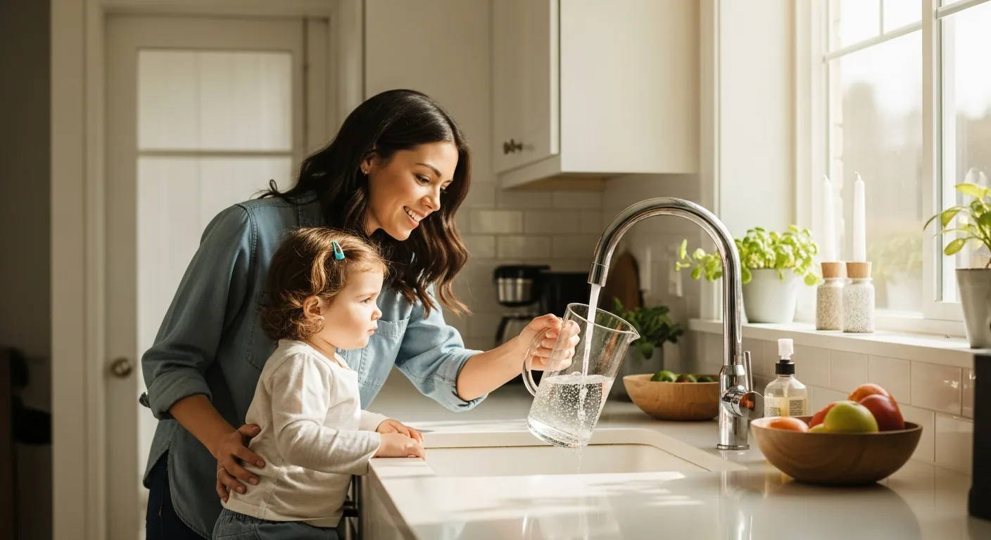 An adult and child fill a pitcher at a kitchen sink.