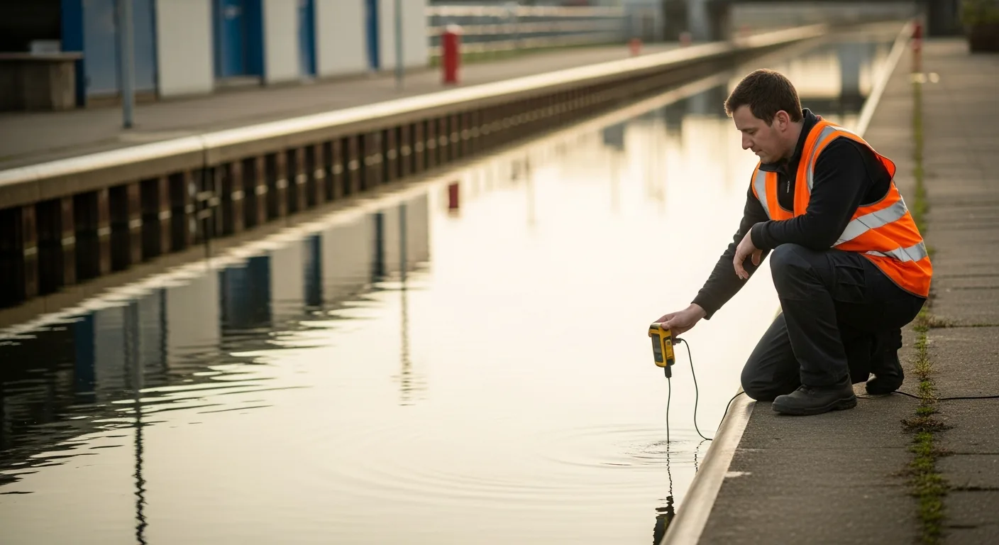 A worker lowers a testing instrument into a channel beside a building.