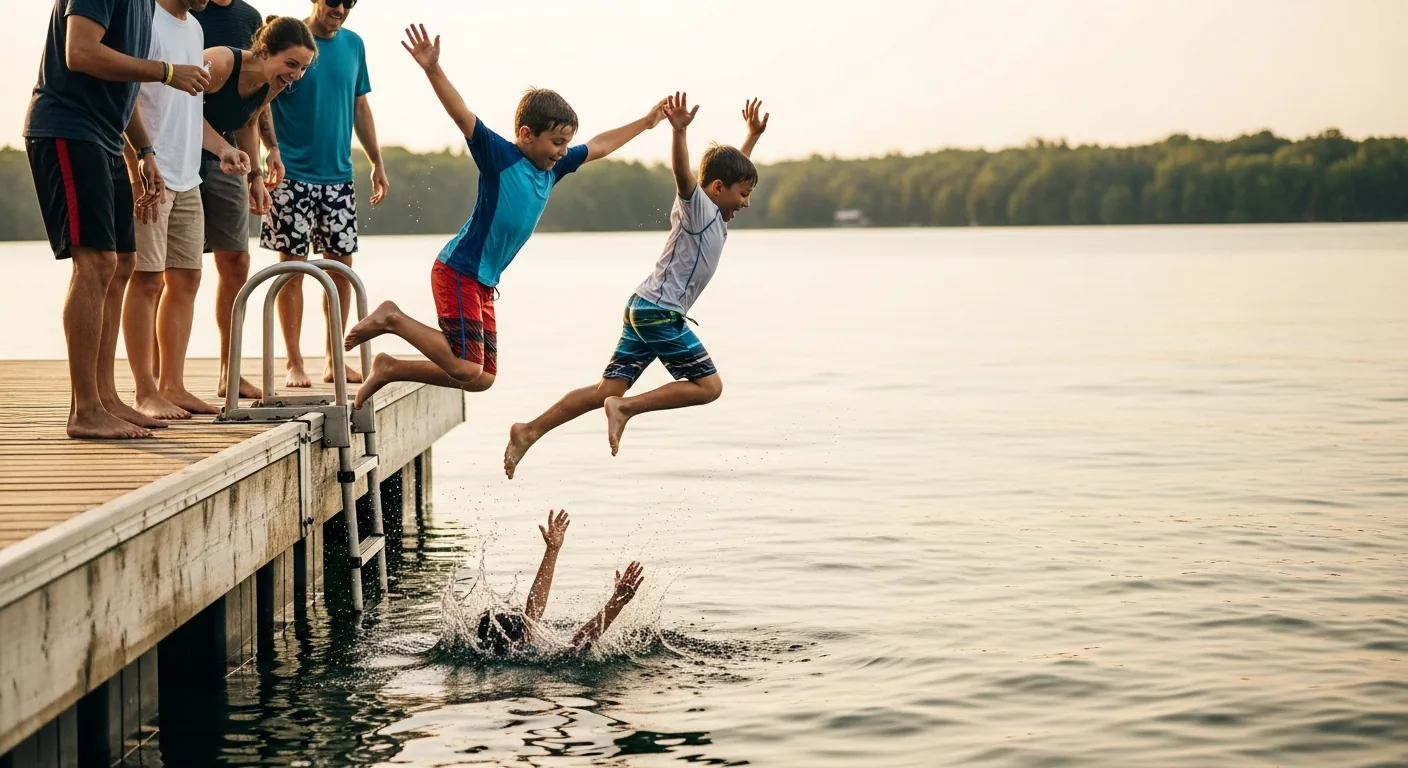 Children jump from a dock into a lake as others watch.