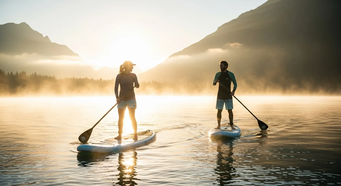 Two people paddleboard on a lake in the morning light.