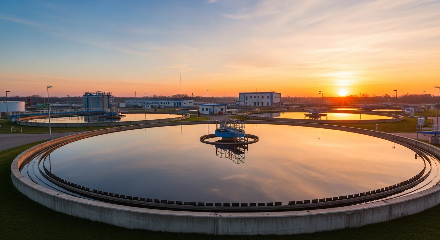 A circular water-treatment basin at sunrise.