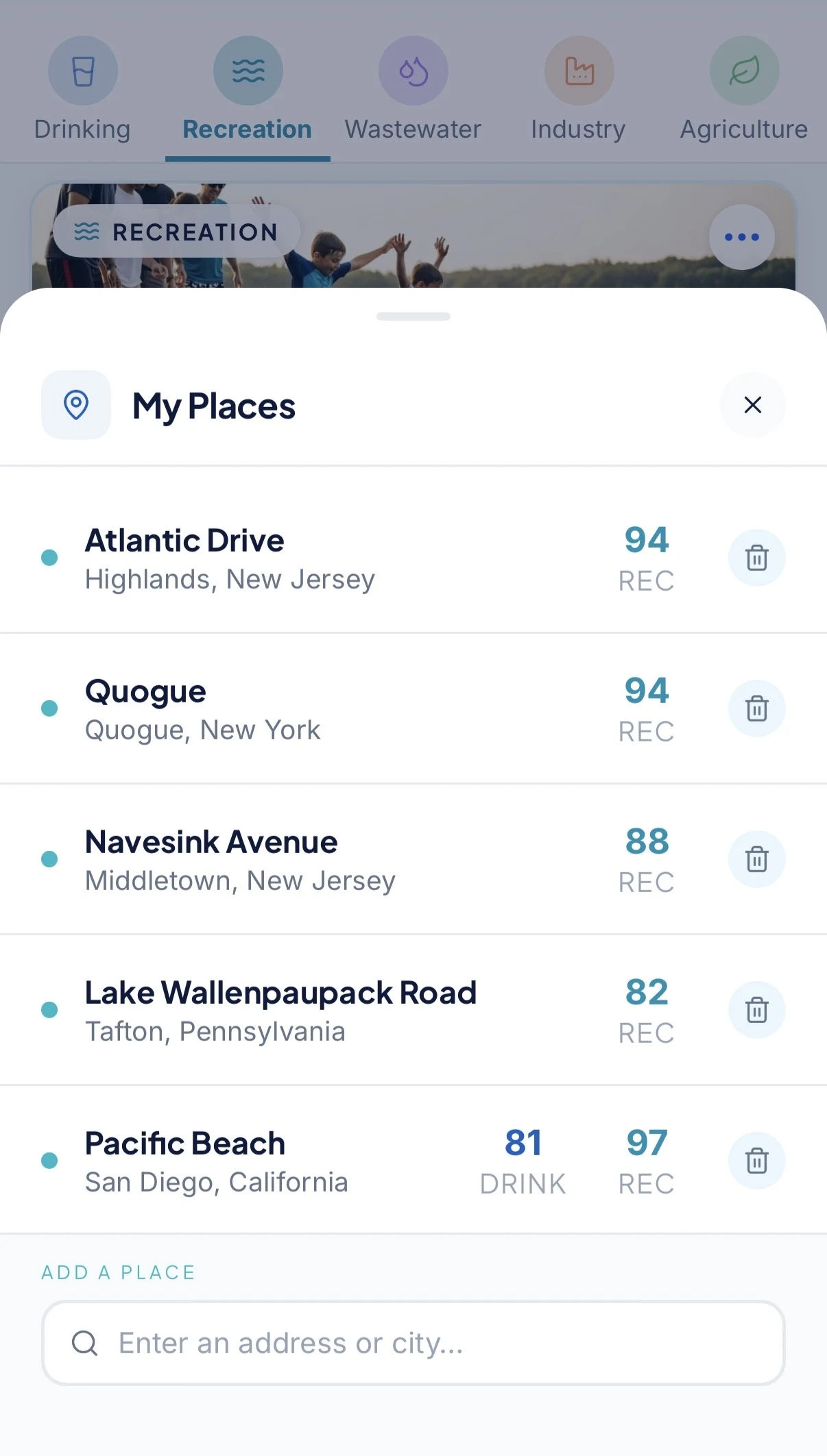 Water Savvy My Places list with saved locations and water scores.