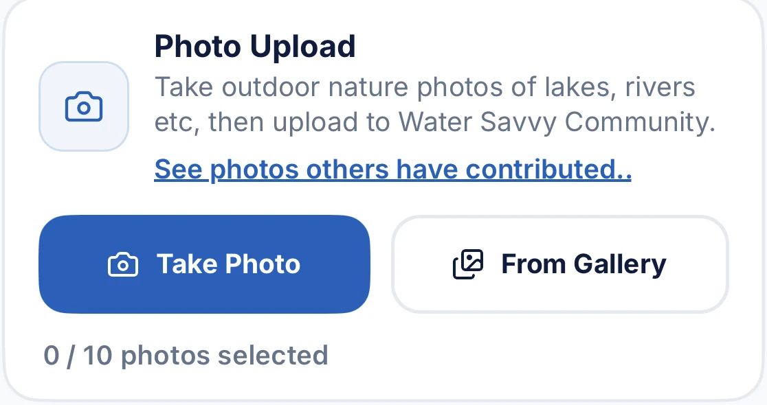 Water Savvy photo upload options: Take Photo and From Gallery.