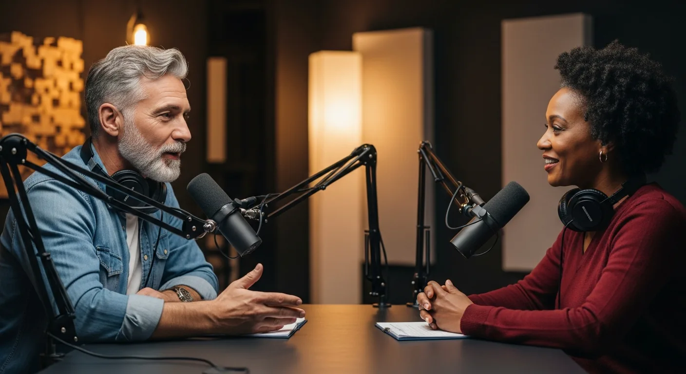 Illustration of two people recording an interview.