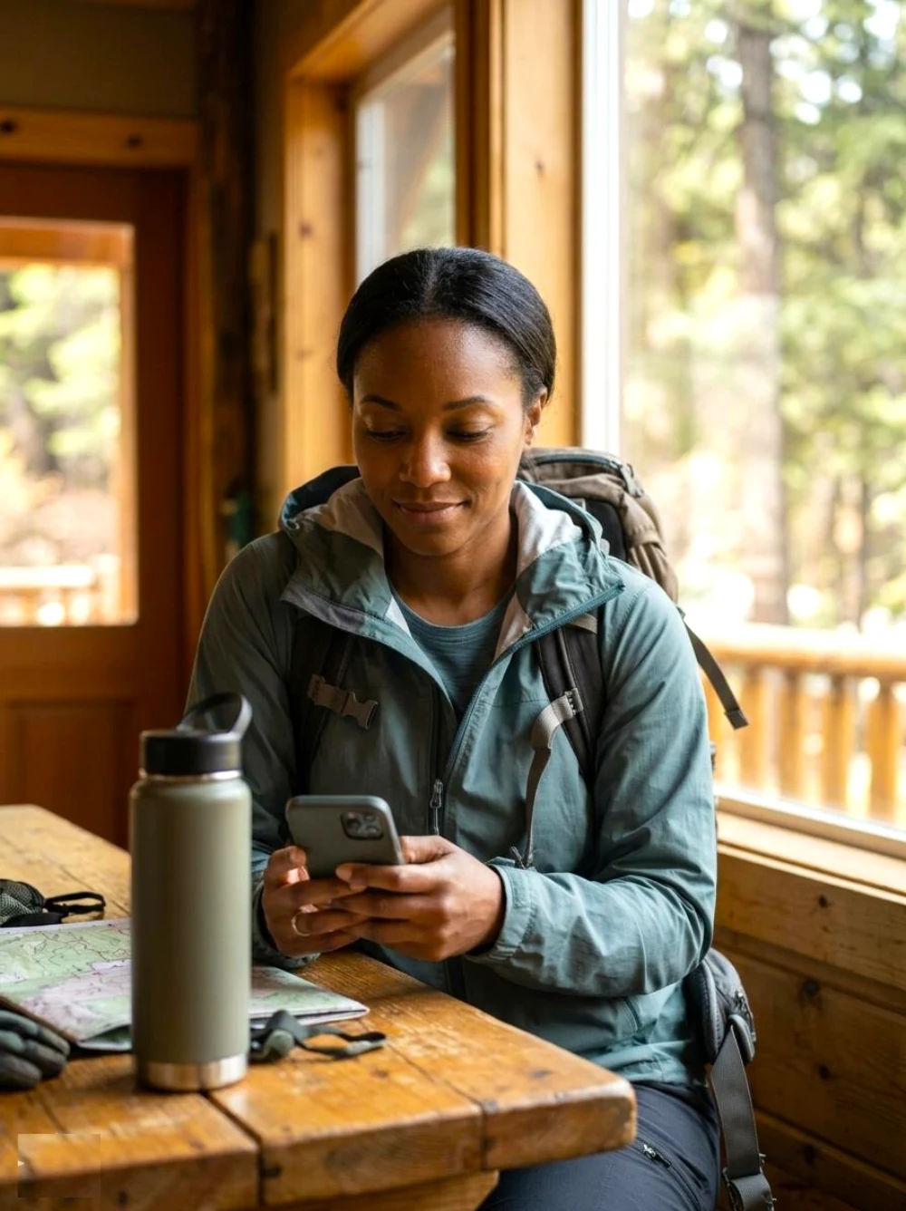 A person with a backpack checks a phone at a table beside a water bottle.