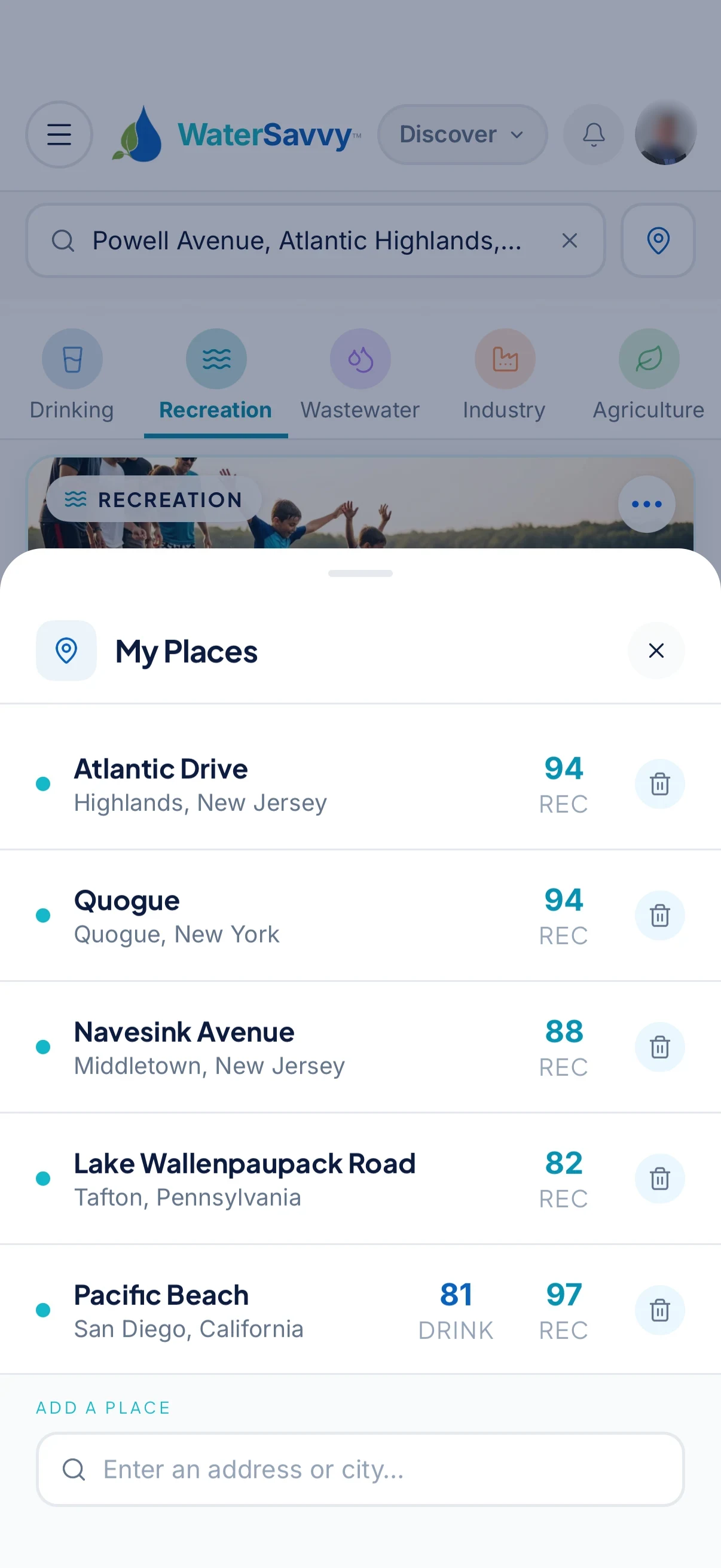 Water Savvy My Places list with saved locations and water scores.