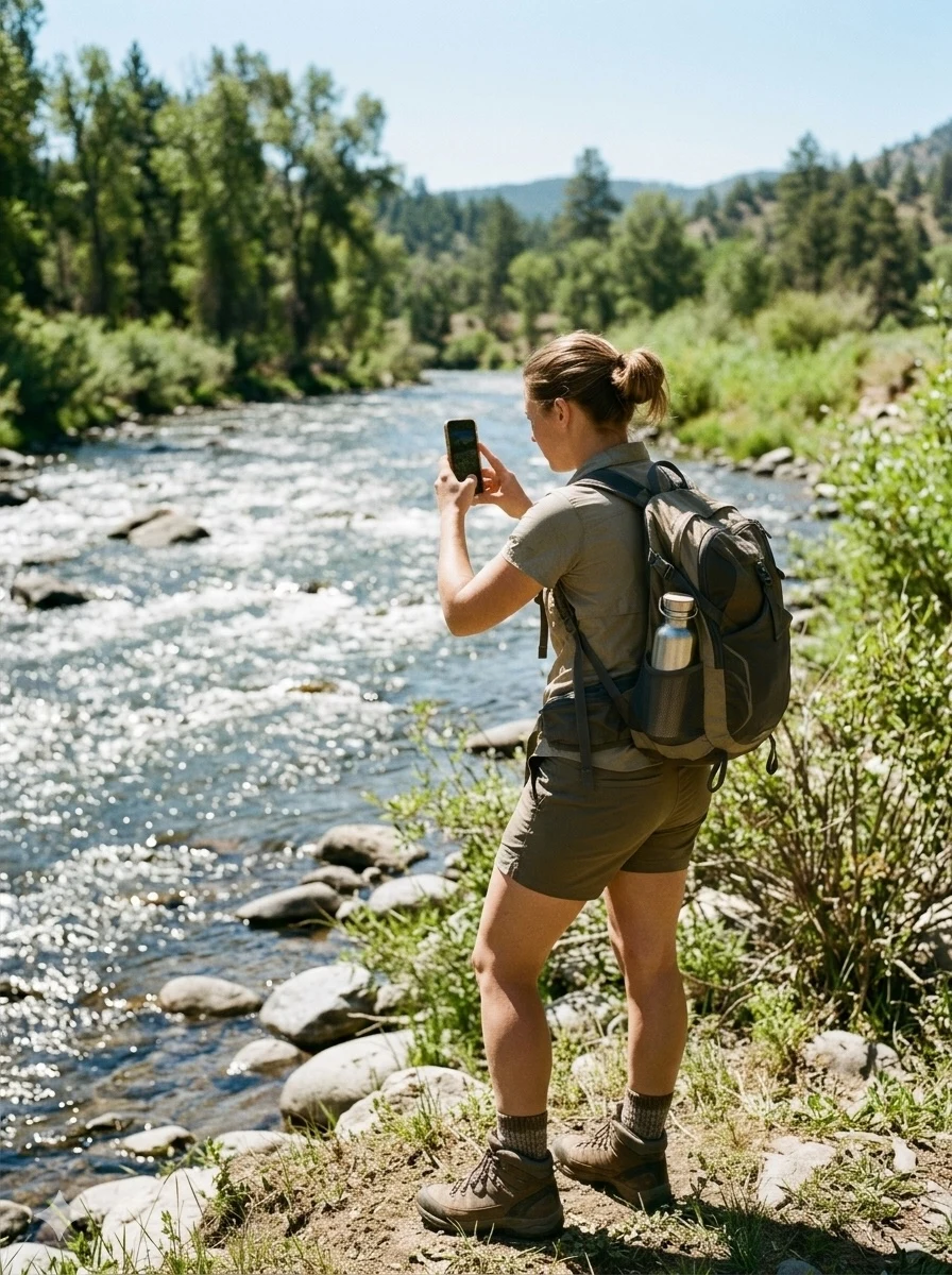 A hiker photographs a river with a mobile phone.
