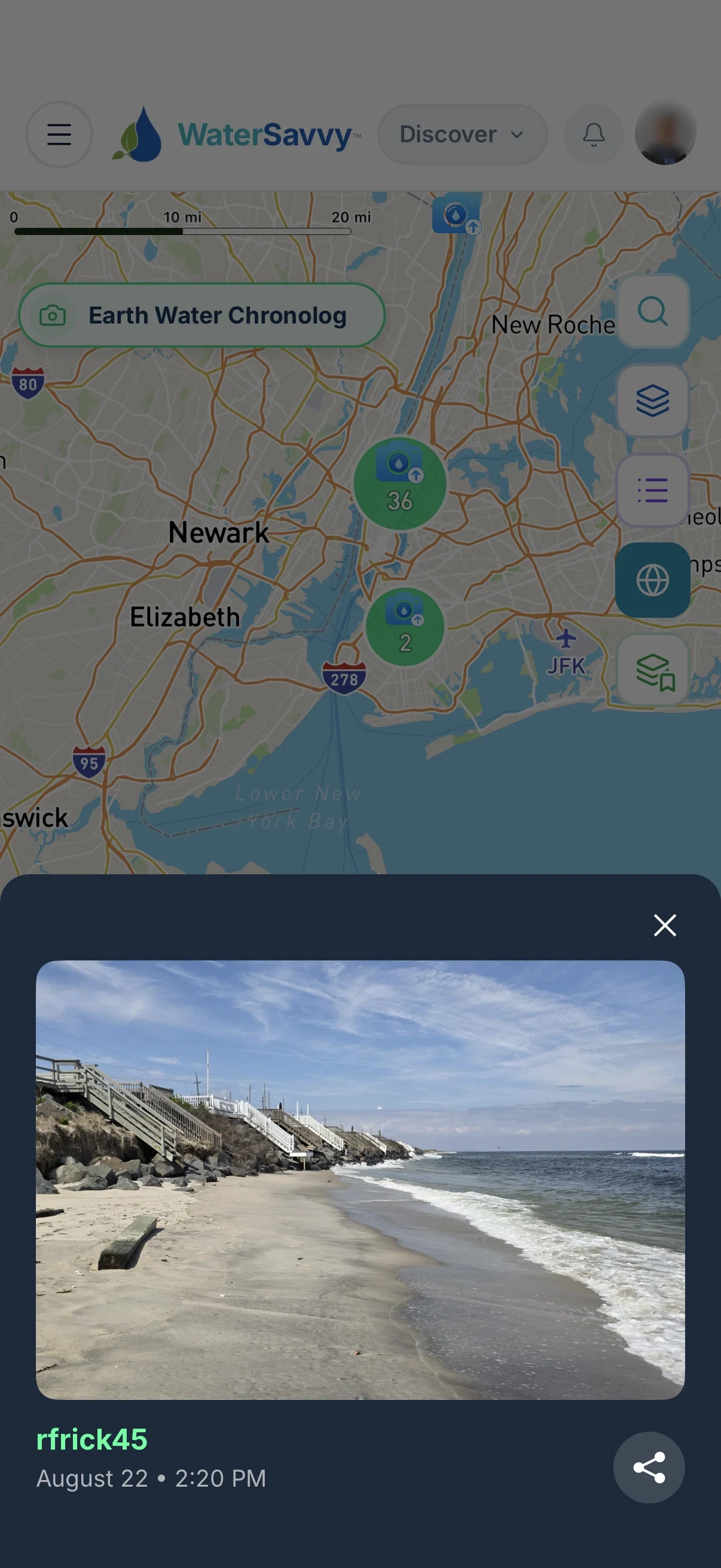 Water Savvy map with a shared shoreline photo open.
