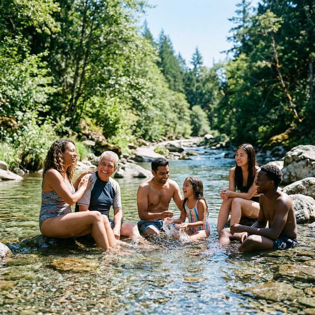 Family enjoying a clear river