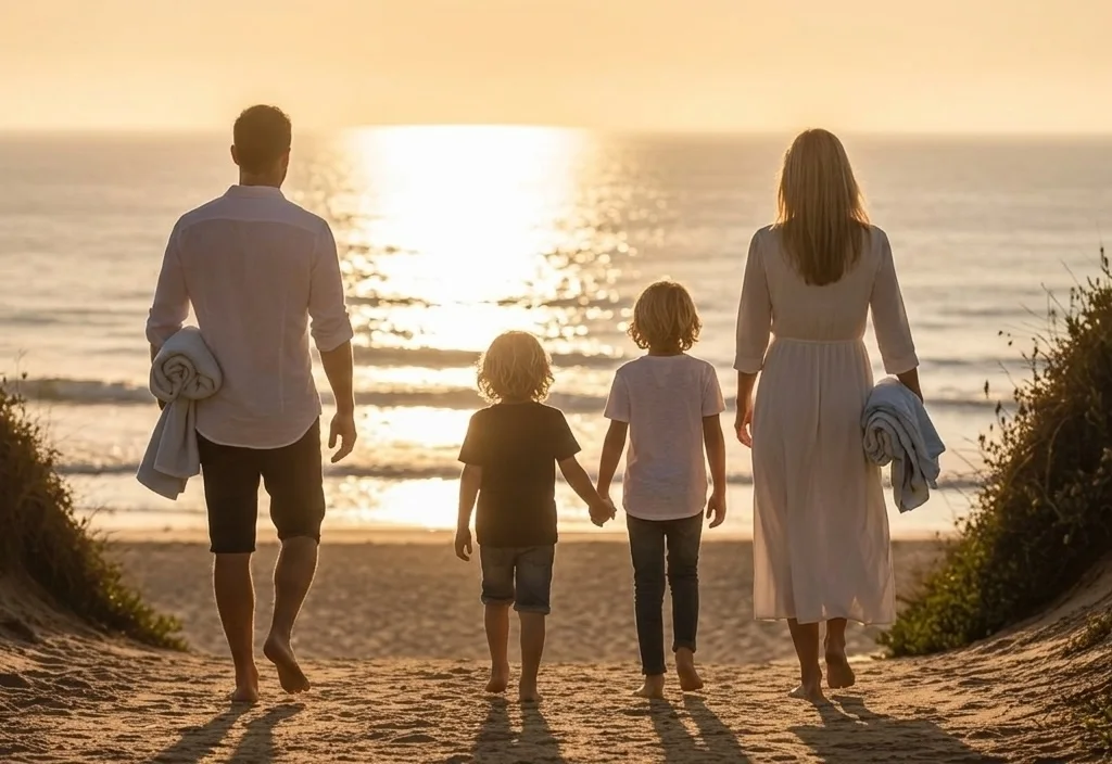 Adults and children walk along a path toward the beach.