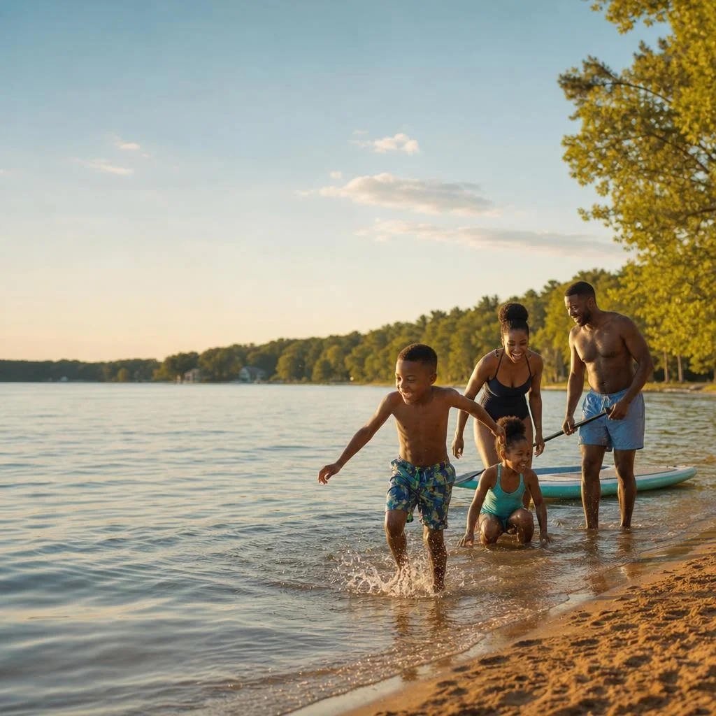 A family walks and plays together at the edge of a lake.