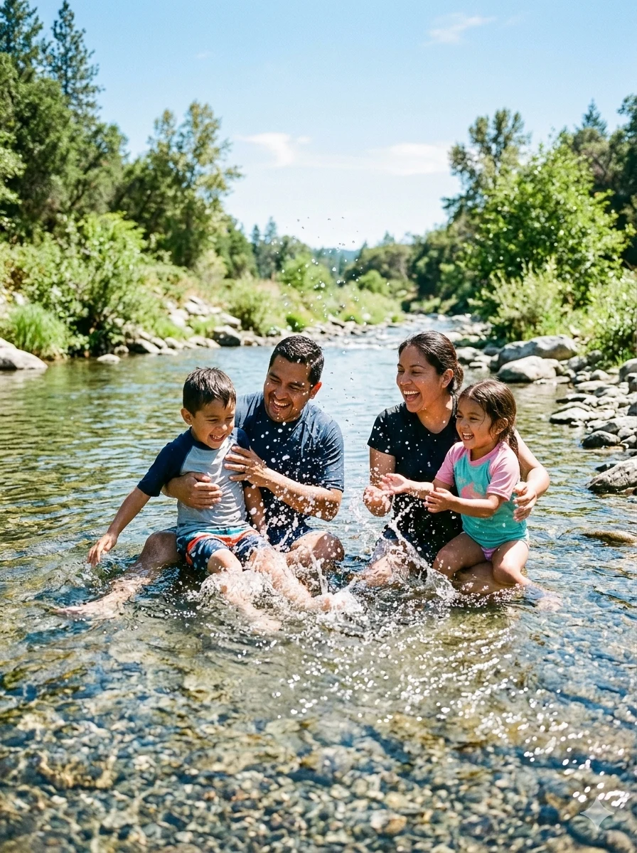 A family splashes together in a shallow river.